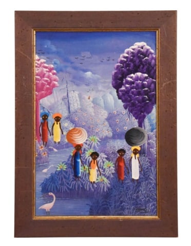 Francis Paraison Signed Folk Art Acrylic Painting: Francis Paraison, Haiti 1958-2003, Signed Folk Art Acrylic Painting, Framed. Measures 21 inches x 16 inches.