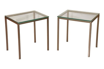Pair Modern Steel Base Glass Top Side Tables