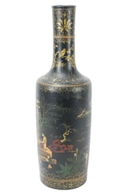 Chinese Famille Noir Black & Gold Long Neck Vase