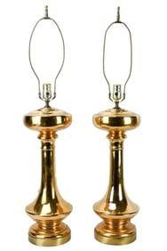 Pair Mid C Modern Porcelain Gold Table Lamps