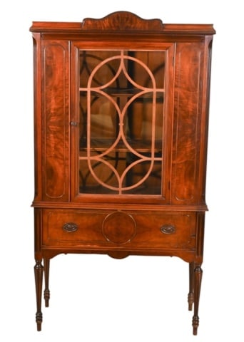 1920s Art Deco Hepplewhite Style Hutch: 1920s Art Deco Hepplewhite Style Glass Front China Hutch. Measures 67 inches x 36 inches x 15 inches.