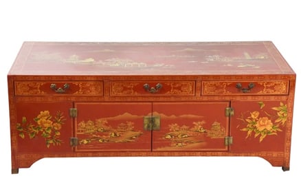 Chinese Hand Painted Red Lacquer Alter Chest