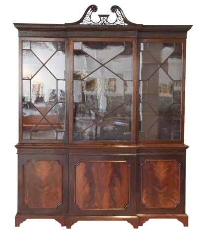 Antique Georgian Flame Mahogany Breakfront: Antique Georgian Hand Carved Flame Mahogany Breakfront.Measures 98 inches x 82 inches x 20 inchesMissing Bottom Shelves & Glass Trim Needs to be Re- Glued