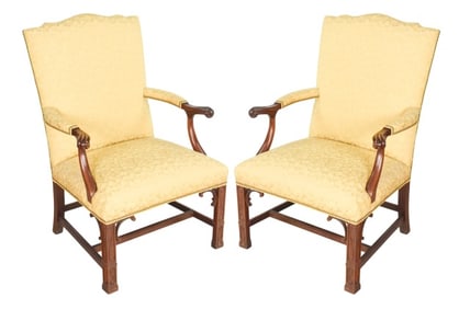 2 Chippendale Style Carved Upholstered Armchairs