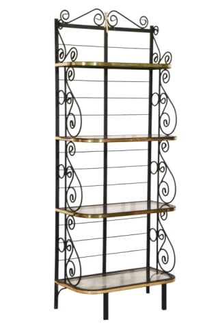 Wrought Iron & Brass & Glass Bakers Rack: Wrought Iron & Brass & Glass Bakers Rack. Measures 77 inches x 30 inches x 16 inches
