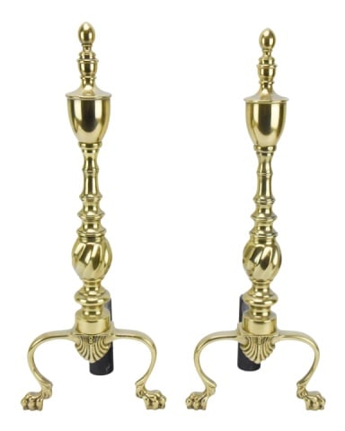 Pair Regency Style Brass Andirons: Pair Regency Style Brass Andirons.Measures 21 inches x 8.5 inches x 7 inches.