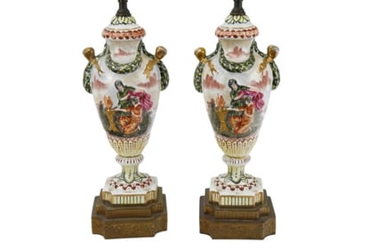 Pair Antique Capodimonte Converted Urn Table Lamps