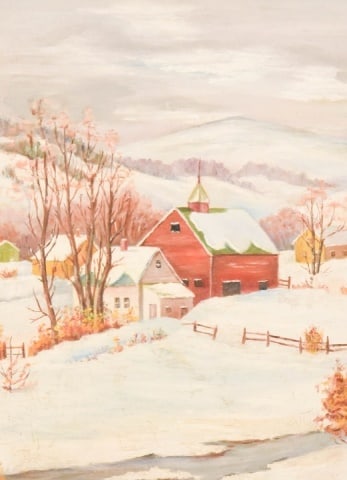 Myrtle Shirey Signed Folk Art Style Oil Painting: Myrtle Shirey, American 20th Century, Signed Folk Art Style Oil Painting of Country Farm. Framed measures 20 inches x 15 inches.