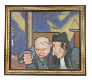 Signed Mid C Social Realism Oil Painting of 2 Men