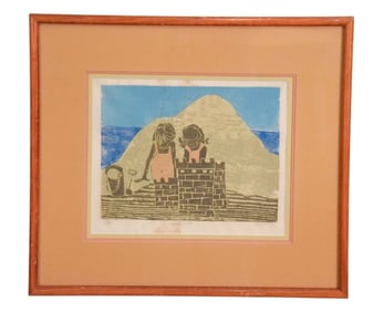 Joseph Durante Signed Woodblock 1975 Sand Castle