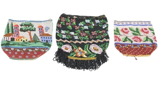 3 Antique 19th C Micro Hand Beaded Reticule Bags