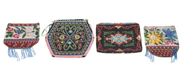 4 Antique 19th C Micro Hand Beaded Reticule Bags