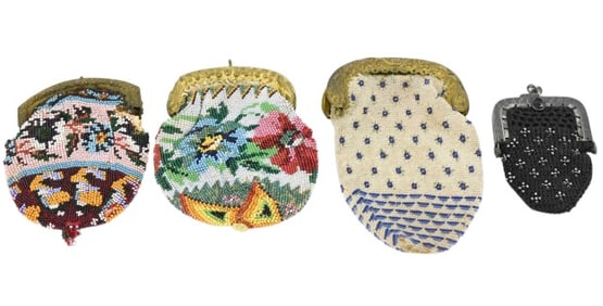 4 Antique 19th C Micro Hand Beaded Reticule Bags