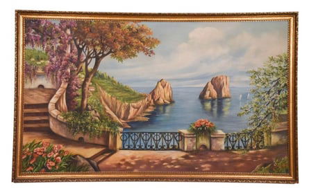 Signed Mid C Oil Painting Ocean Terrace Over Water