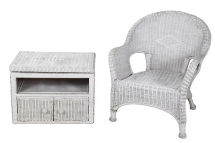 Vintage White Wicker Armchair w/ Side Cabinet