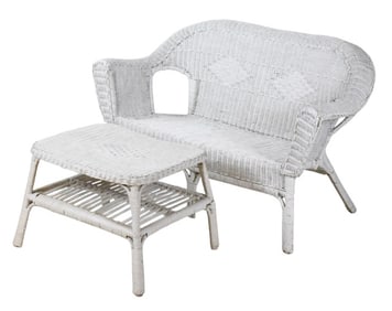 Vintage White Wicker Bench with Coffee Table