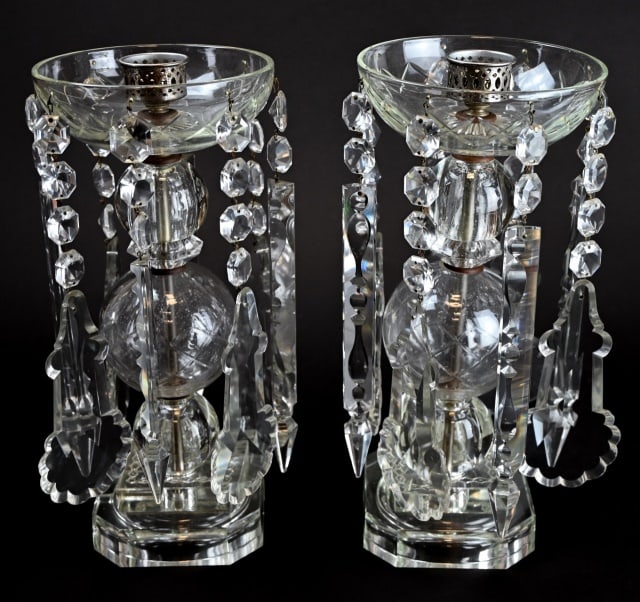 Pair Antique Crystal Mantel Lusters: Pair Antique Crystal Mantel Lusters with 10" Large Cut Prisms. The pair are prepared for wiring or can be used as candlesticks, some flea bites to crystals, sold as is. 15 inches x 7 inches in diamete