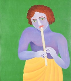 After Manjit Bawa Acrylic Painting of Man w Flute