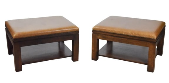 2 Georgian Style Distressed Leather Ottoman