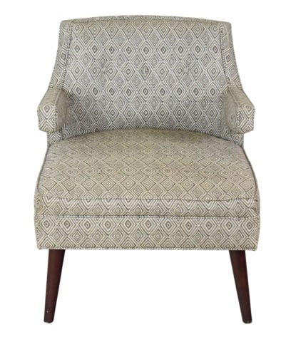 Mid Century Upholstered Geometric Pattern Chair: Mid Century Upholstered Geometric Pattern Accent Chair. Shows some wear on fabric, needs cleaning. Sold as is.Measures 31 inches x 26 inches x 26 inches seat height 17 inches.