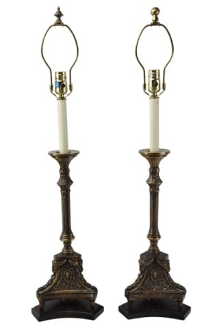 Pair Frederick Cooper Brass Neo Classical Lamps: Pair Frederick Cooper Brass Neo Classical Candlestick Lamps on Wood Base. Each measures 33 inches x 8 inches x 8 inches.