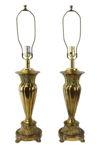 Pair Victorian Art Nouveau Style Table Lamps: Pair Victorian Art Nouveau Style Table Lamps with Trimmed Shades. Shades are provided as a courtesy only. Lamps measure 30 inches x 8 inches.