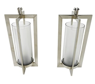 Pair Chrome & Glass Hurricane Sconces 20 Inches