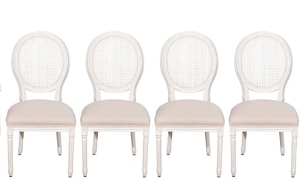 French Carved Upholstered Round Cane Back Chairs