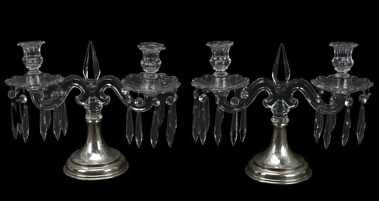 Antique Hawkes Sterling Silver Crystal Candelabras