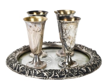 Sterling Silver Cordial Glasses w Sterling Tray