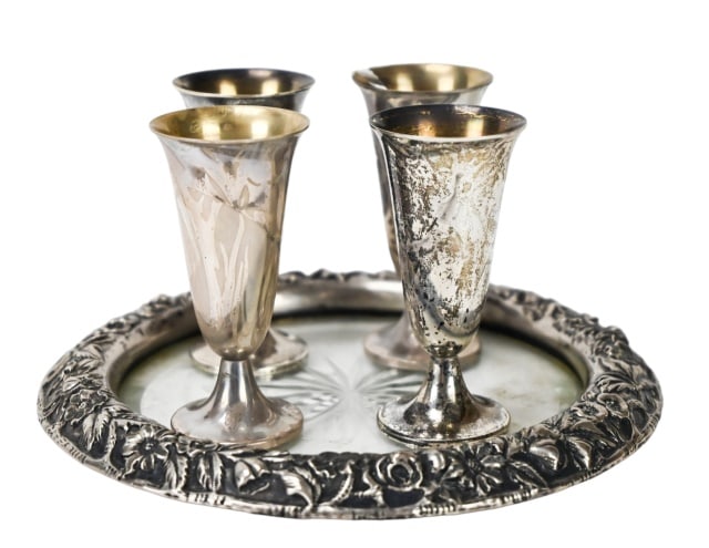 Sterling Silver Cordial Glasses w Sterling Tray: Sterling Silver Cordial Glasses w Sterling Silver and Glass Reposse Tray. Tray is 6 inches in diameter.