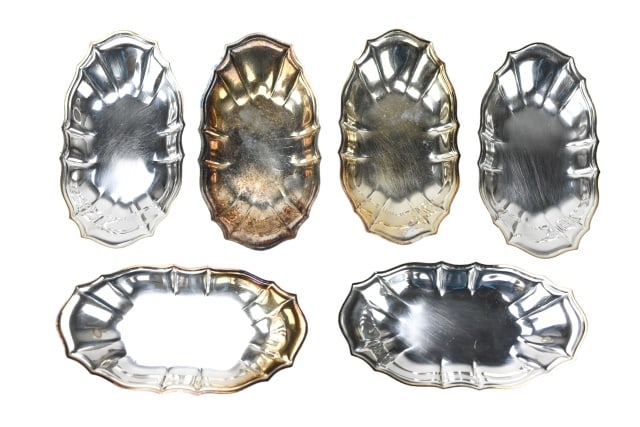 6 Chippendale Silver Plate Trinket Dishes: 6 Chippendale Silver Plate Trinket Dishes or Butter Dishes. Each measures 3 inches x 5 inches.