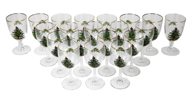 Collection Spode Christmas Stem Glassware: Collection Spode Christmas Stem Glassware. Includes approximately 12 Wine Glasses and 8 Water Glasses. Wine glass measures 17 inches x 3.5 inches in diameter.