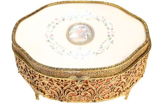 French Gilt Metal Dresser Box w Porcelain Insert (1 of 9)