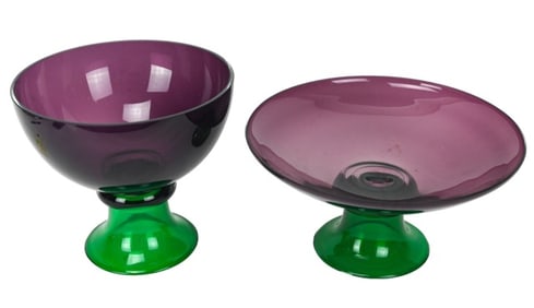 Pair Studio Art Glass Compotes Purple Green