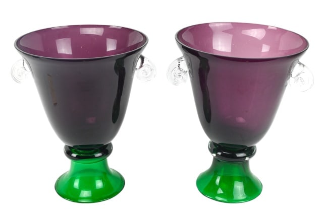 Pair Studio Art Glass Amphora Vases Purple Green (1 of 10)