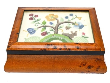 Burl Wood Jewelry Box Crewel Under Glass