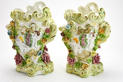Pair Italian Porcelain Vases W Putti & Flowers