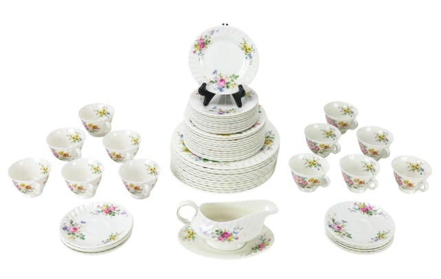 Royal Doulton Arcadia Dinner Service for 12: Royal Doulton Arcadia Floral Pattern Bone China Dinner Service for 12. Includes 12 dinner plates, lunch plates, cake plates, cups and saucers,1 gravy boat. Dinner plate measures 10 inches in diameter.