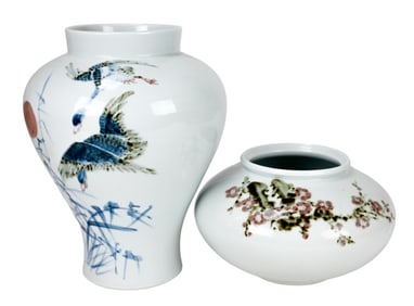 Pair Japanese Hand Painted Art Pottery Vases