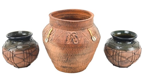 3 Thai Style Art Pottery Vases w Shells & Wire