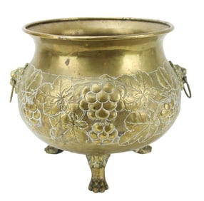 Hammered Brass Grape & Leaf Motif Planter