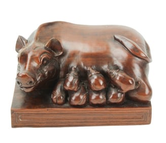 Exotic Wood Hand Carved Boar w Baby Boars