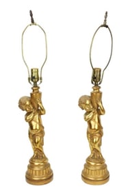 Cast Plaster Gilt Neo Classical Cherub Table Lamps