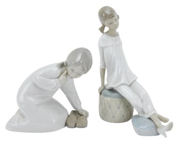 2 Lladro Statues Young Girls Trying on Shoes
