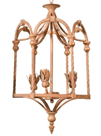 Gilt Wrought Iron Open Pendant 3-Light Lantern: French Gilt Wrought Iron Open Pendant 3-Light Lantern. Measures 24 inches x 14 inches in diameter.