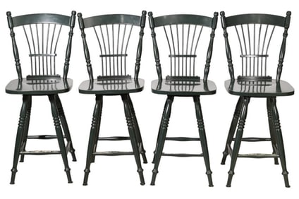 4 Wheat Back Carved Green Swivel Bar Stools