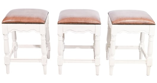 3 Ballard Design Carved Painted Leather Bar Stools