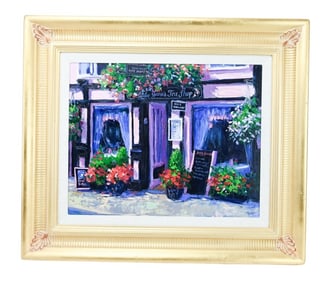 Sandra Boschet Signed Oil Painting Tea Shop