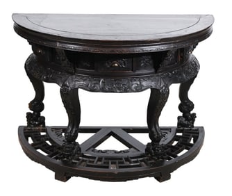 Oriental Carved Ebonized Demi Lune Table